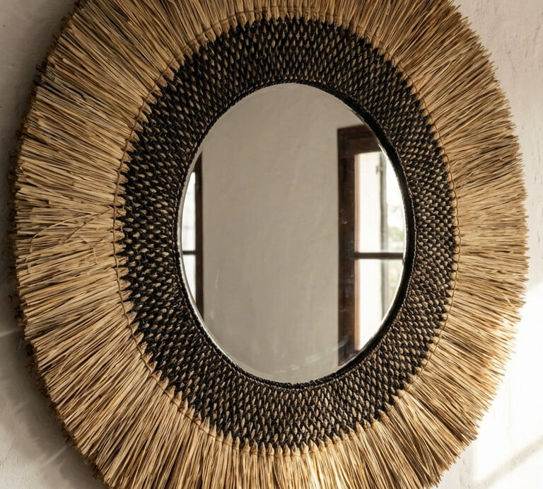 Round woven mirror with natural 