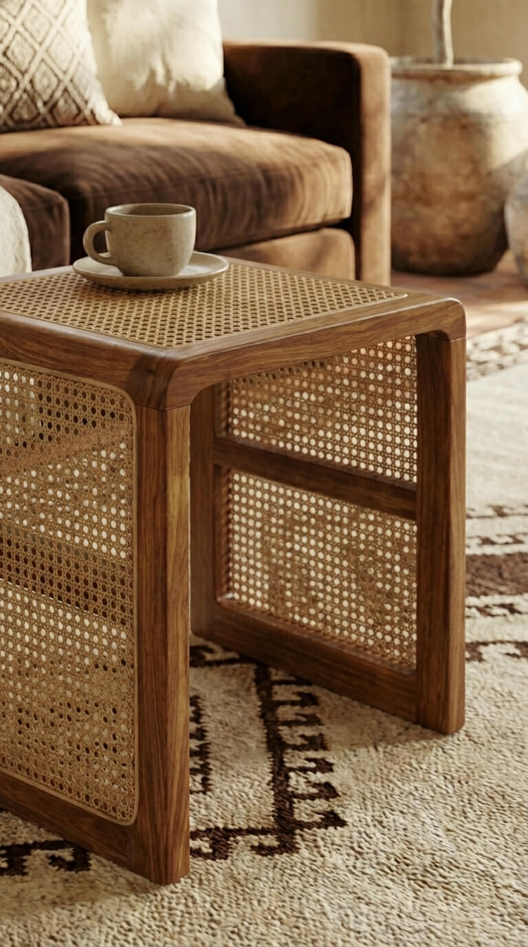 Wooden side table with wicker design next to a sofa with a cup on a saucer.