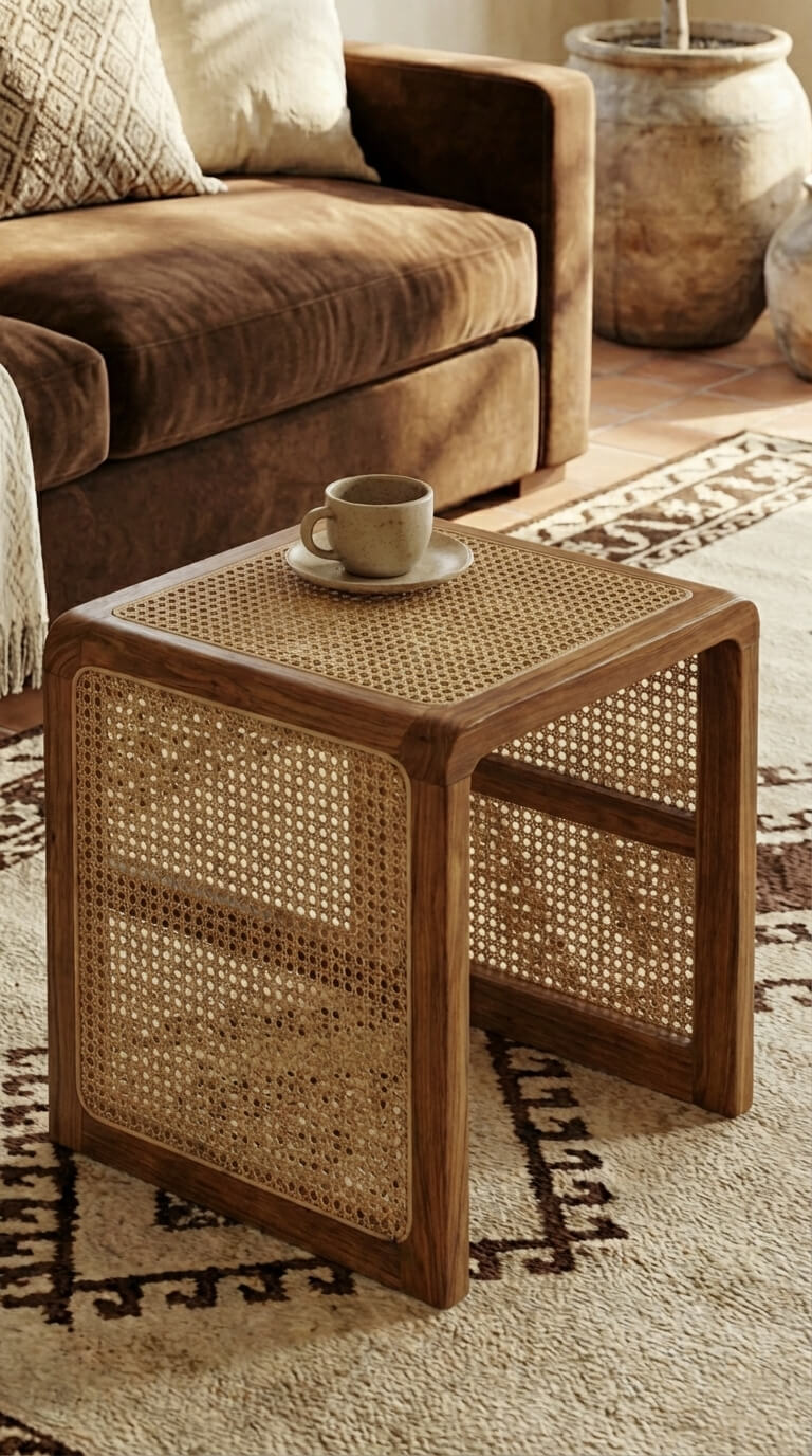 Wicker side table with a cup of coffee on a patterned rug in a living room.