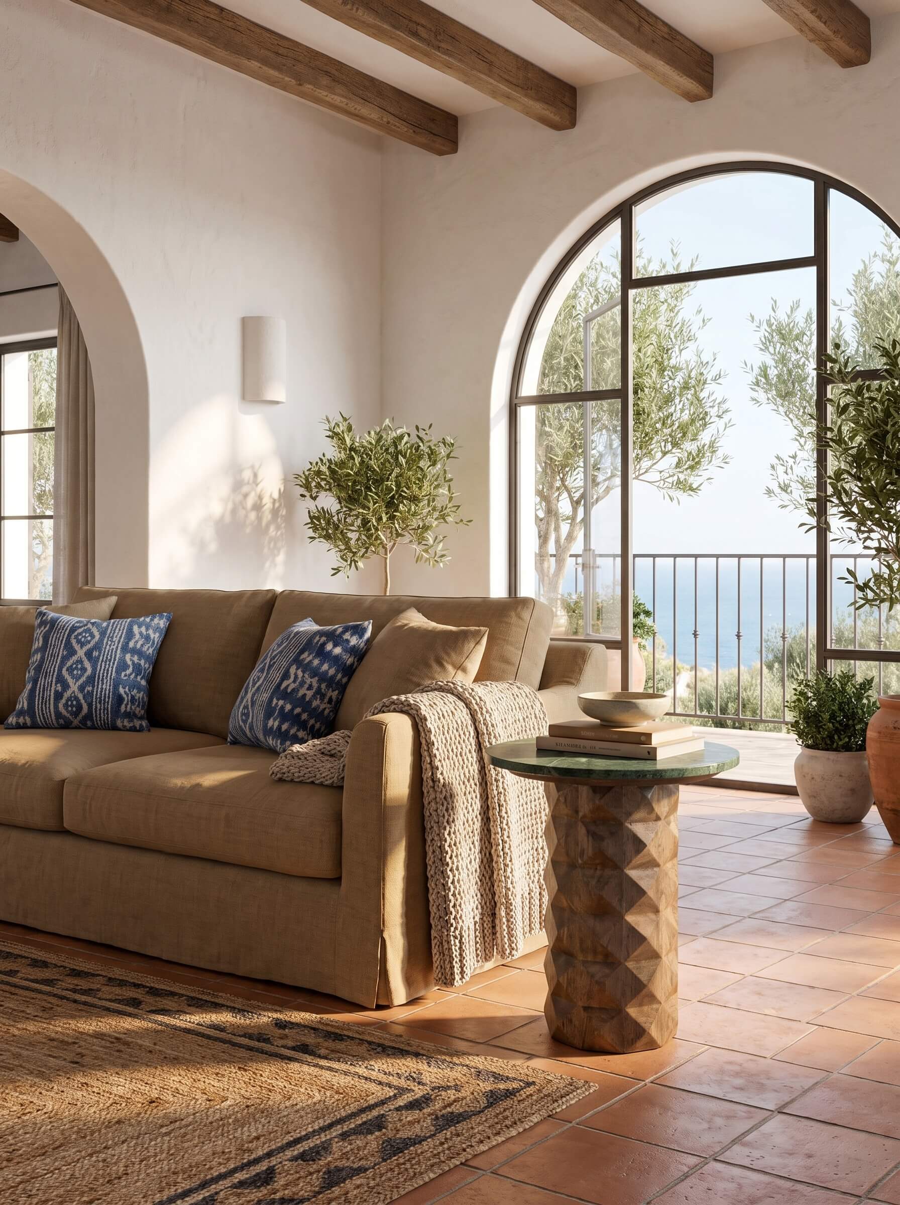 A styled interior scene showing a beige upholstered sofa with blue patterned pillows, a small round side table with a glass top, terracotta tile flooring, arched windows, and an outdoor view.