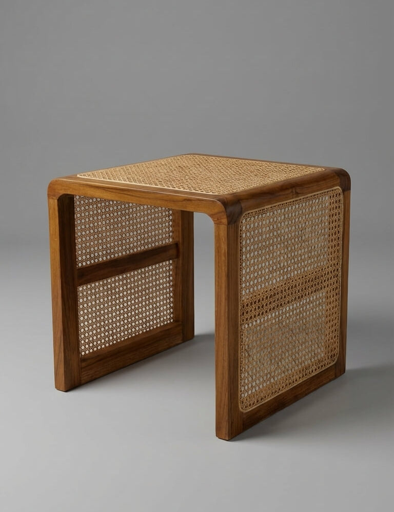 Wooden rattan table with wicker side