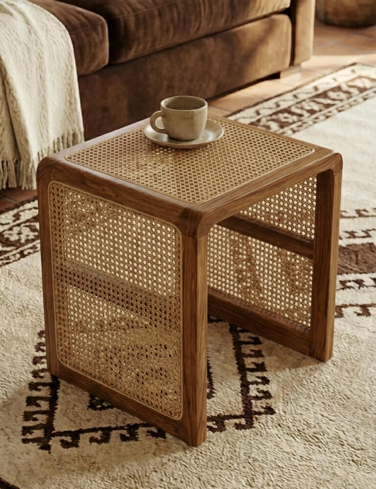 Wicker side table with a cup on a patterned rug in a living room.
