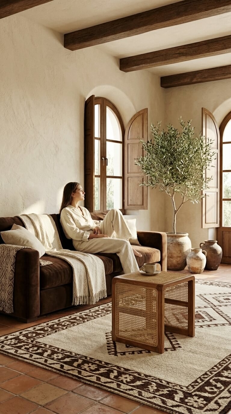 Woman sitting on a couch in a cozy living room with wooden beams and large windows.