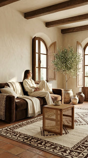 Woman sitting on a couch in a cozy living room with wooden beams and large windows.