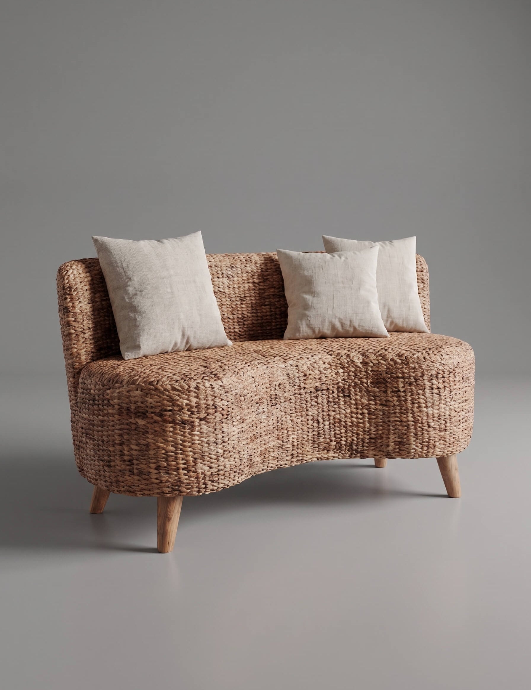 A small woven loveseat with a curved silhouette, upholstered in a textured natural fiber material, featuring three off-white throw pillows and tapered wooden legs, set against a solid gray studio background.