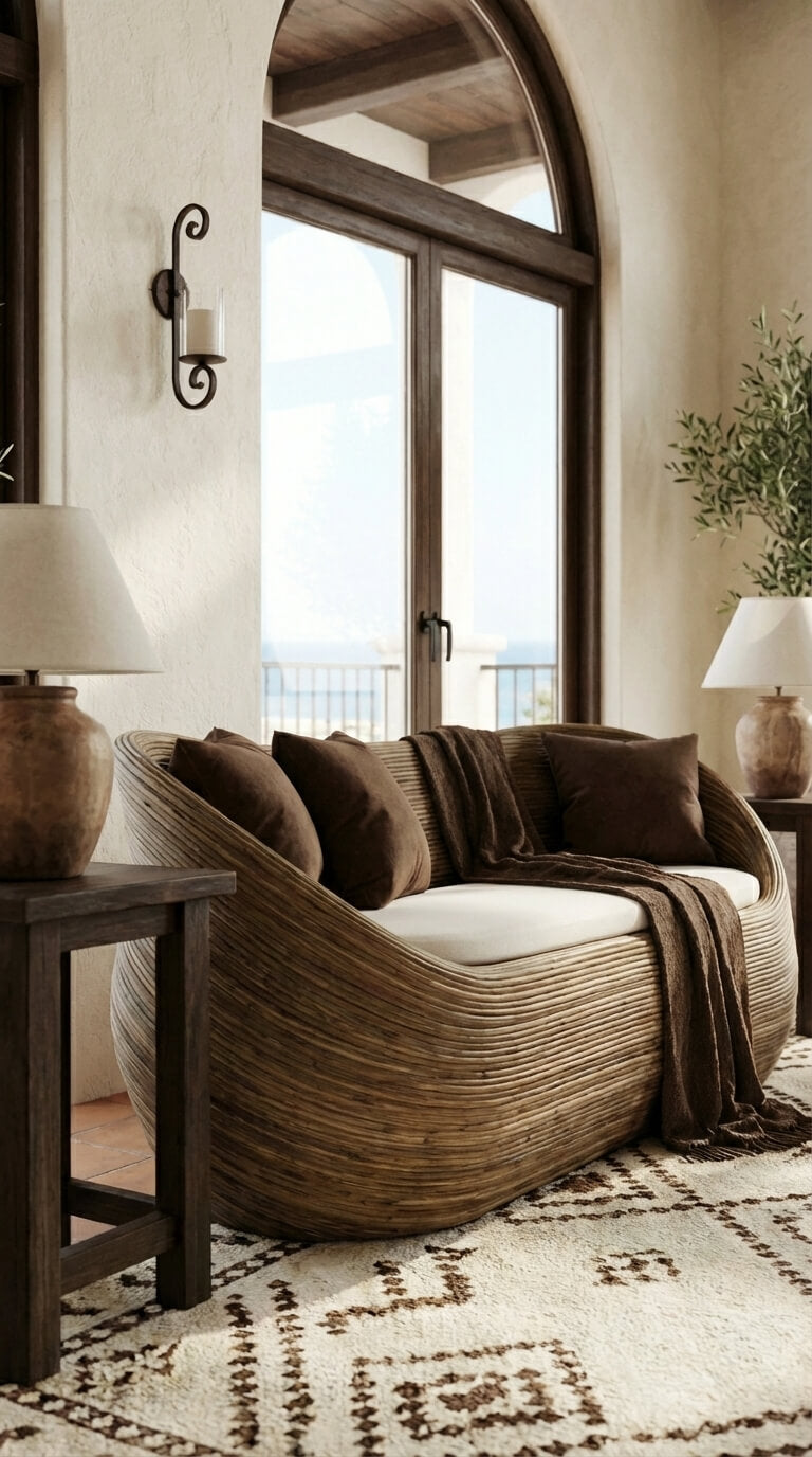 Cozy living room with a wicker sofa, wooden side table, and large mirror.