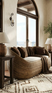 Cozy living room with a wicker sofa, wooden side table, and large mirror.