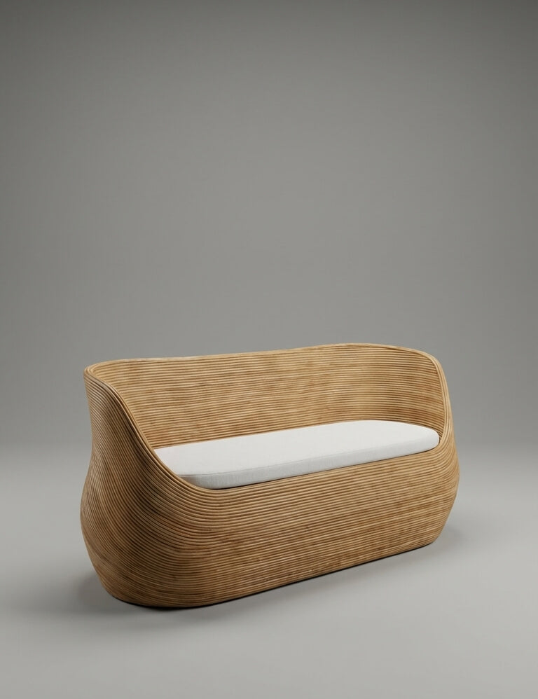 Wooden bench with a white cushion 