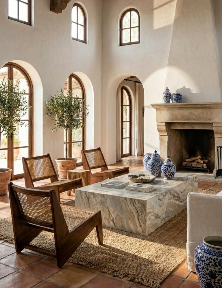 Living room with wooden chairs, marble coffee table, and decorative vases.