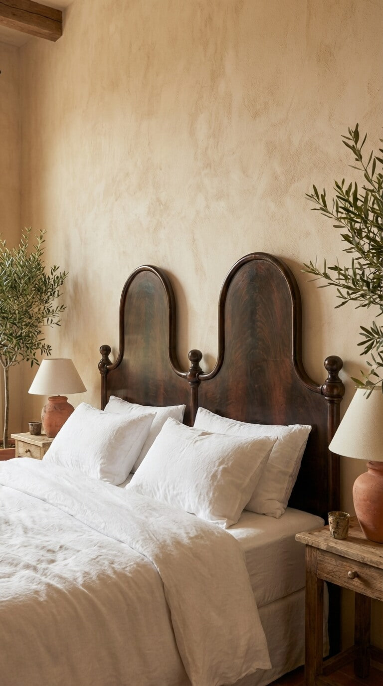 Bedroom with wooden headboard, white bedding, and decorative lamps.