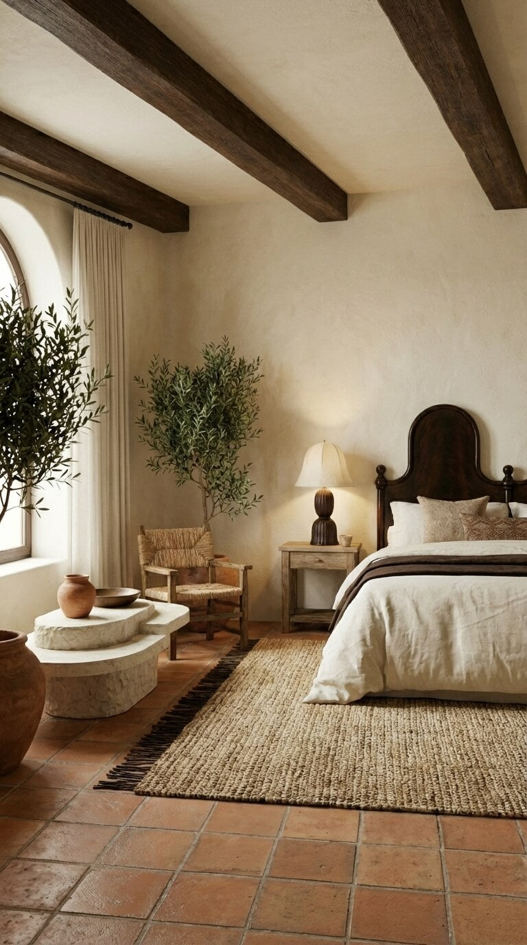 Cozy bedroom with terracotta tiles, wooden beams, and a bed with white bedding.