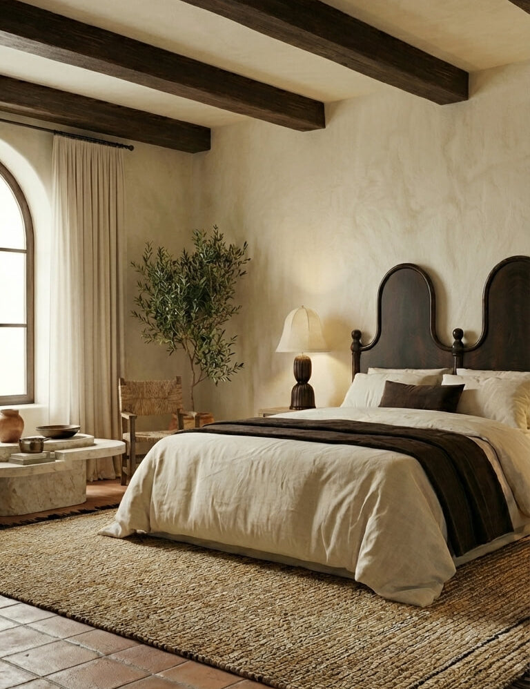 Cozy bedroom with rustic elements, including wooden beams and terracotta tiles.