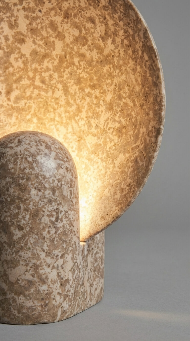 Close-up of a textured lamp with a warm glow on a gray background