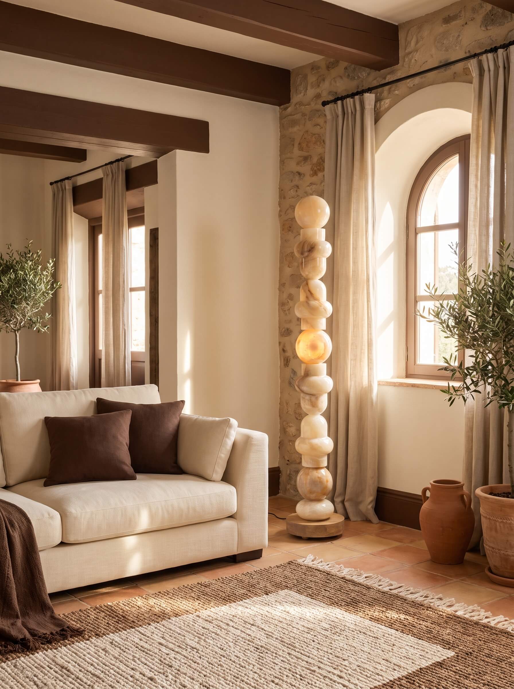 A styled living room interior featuring a cream-colored sofa with dark brown pillows, a tall stacked stone floor lamp, a large arched window with beige curtains, and rustic stone walls.