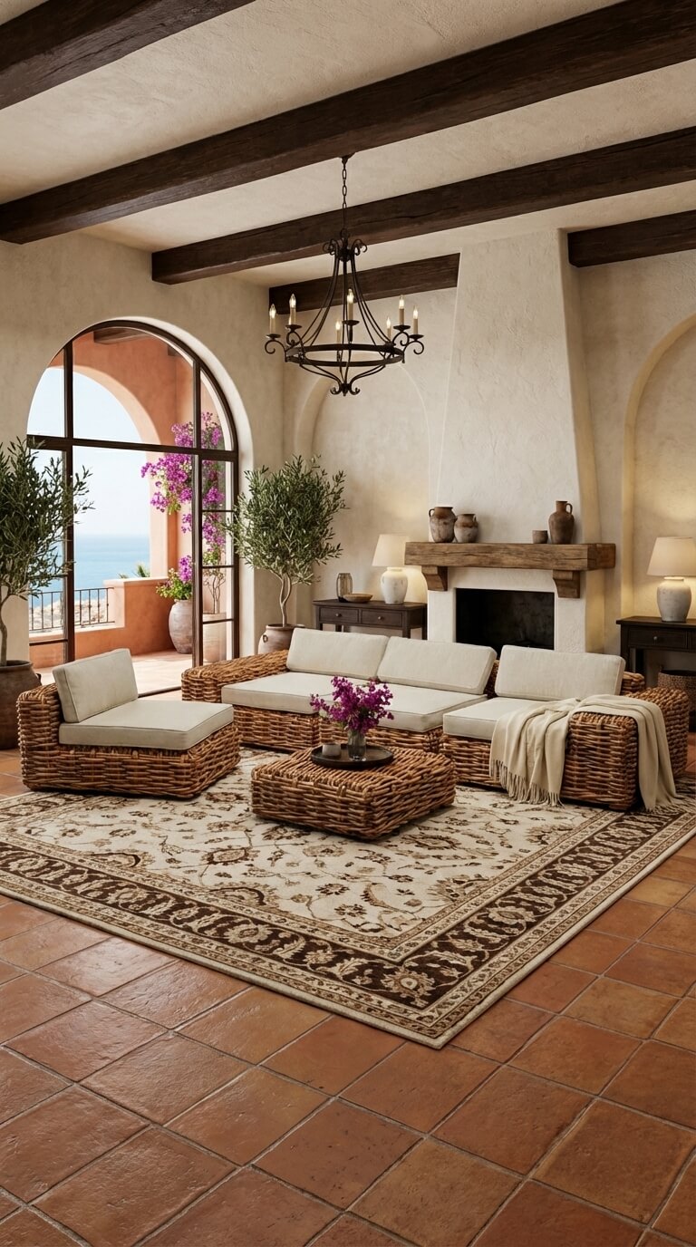 Cozy living room with wicker furniture, a fireplace, and large windows overlooking a scenic view.
