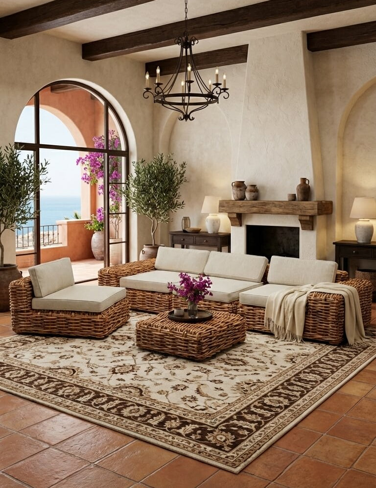 Cozy living room with wicker furniture, a fireplace, and large windows overlooking a scenic view.