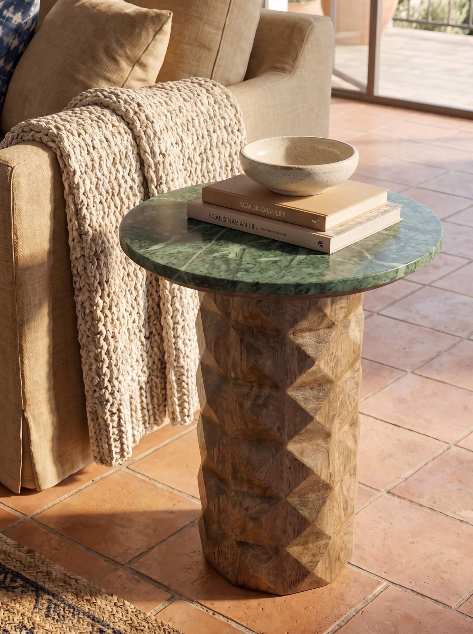 A round side table with a green marble top and a carved geometric wood pedestal base, styled in a warm living room setting next to a beige sofa with a chunky knit throw blanket.