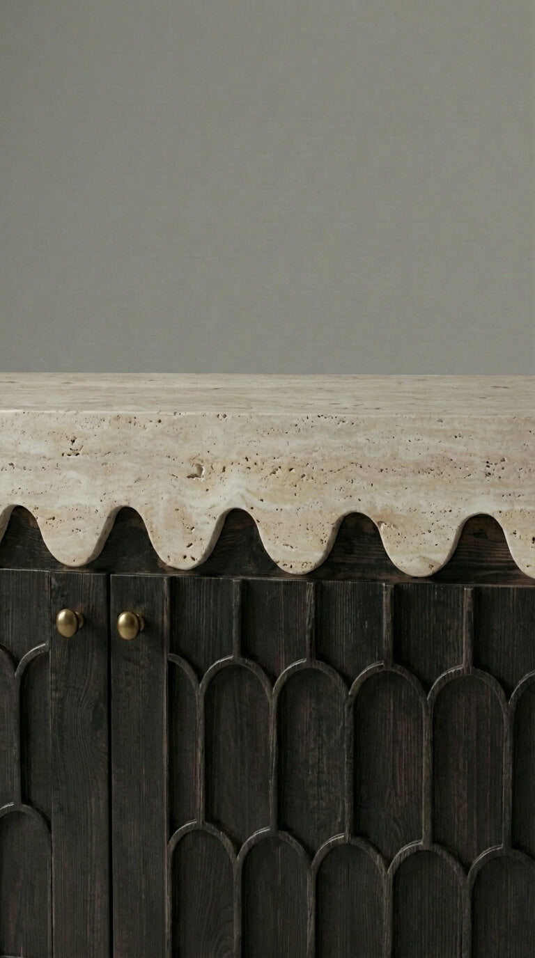 Dark wooden cabinet with decorative scalloped edge 