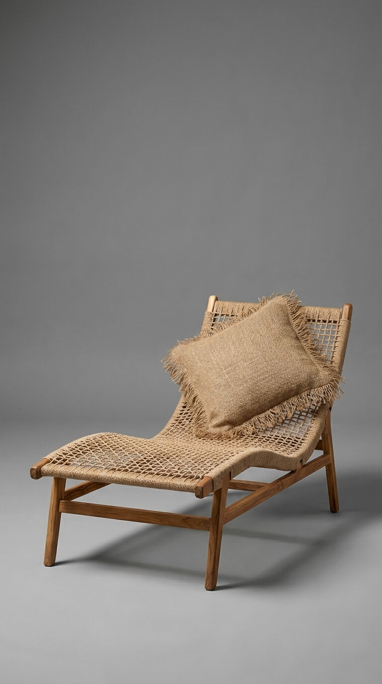 Woven lounge chair with a pillow on a gray background