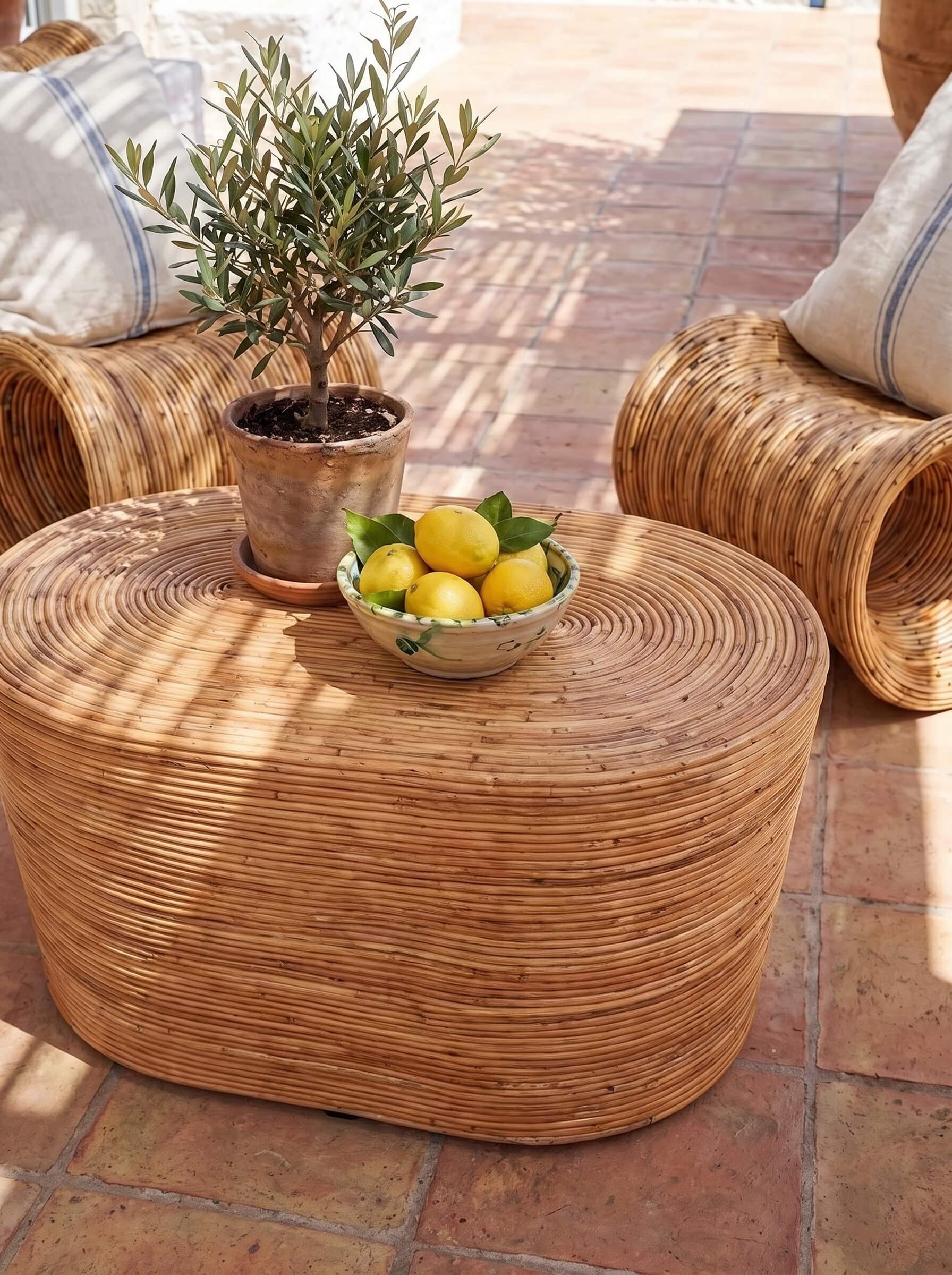 Handwoven rattan coffee table with natural woven texture