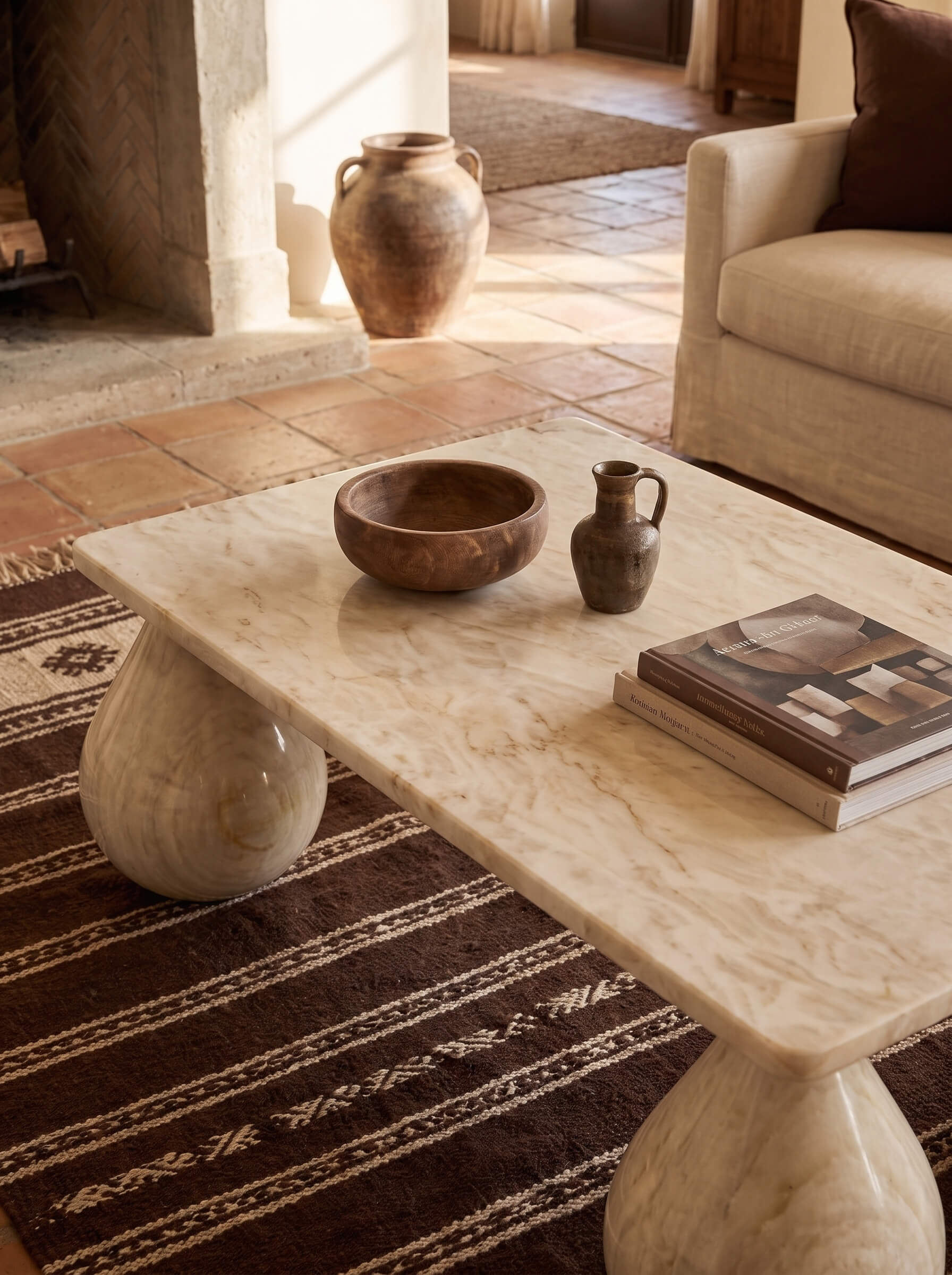 A rectangular coffee table with a polished cream marble top and sculptural bulb-shaped legs, styled in a warm, rustic living room with terracotta tile flooring, a dark patterned rug, and decorative ceramic vessels.