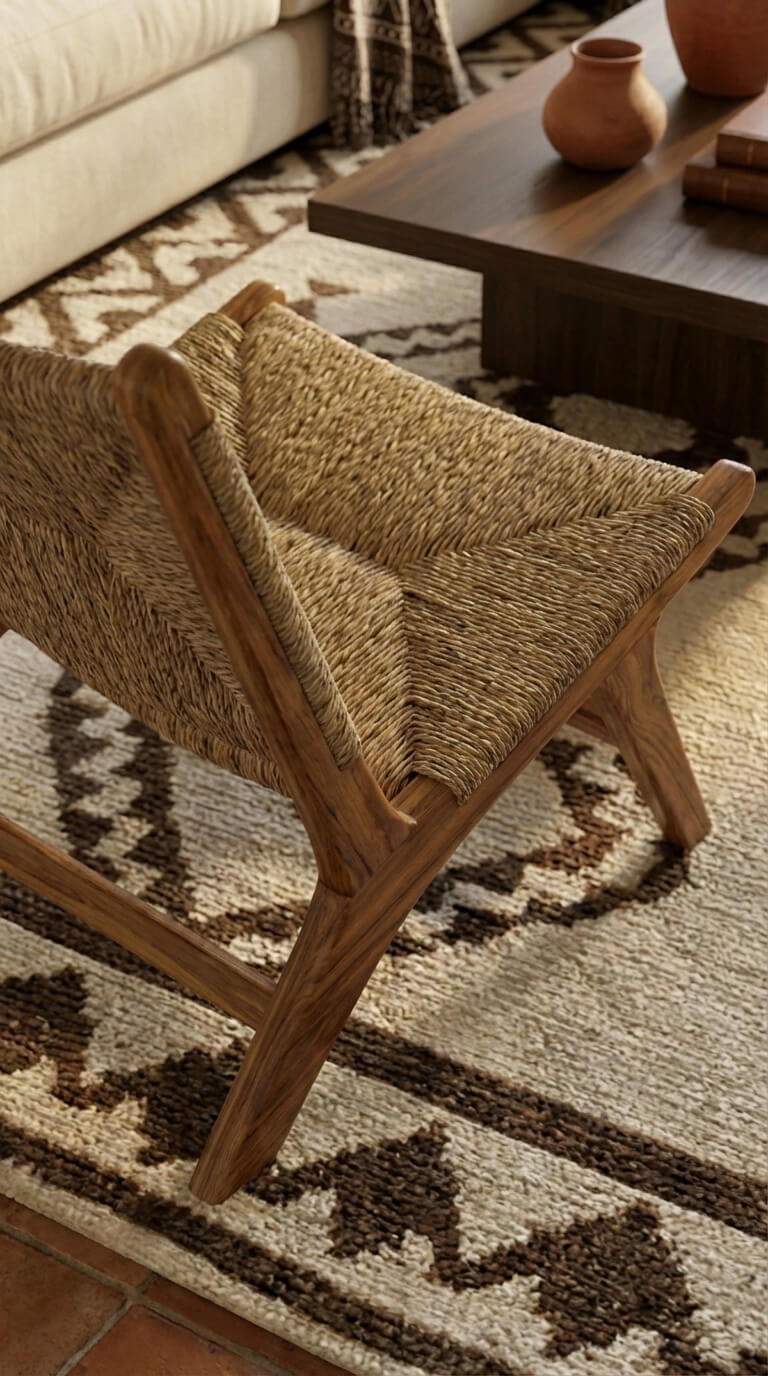 Woven chair on a patterned rug with a wooden coffee table in the background