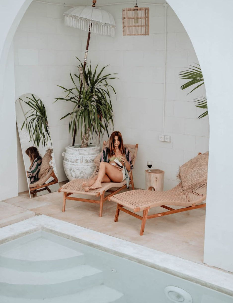 Florence Lounger made from teak wood and eco-friendly wicker, stylish sustainable outdoor furniture