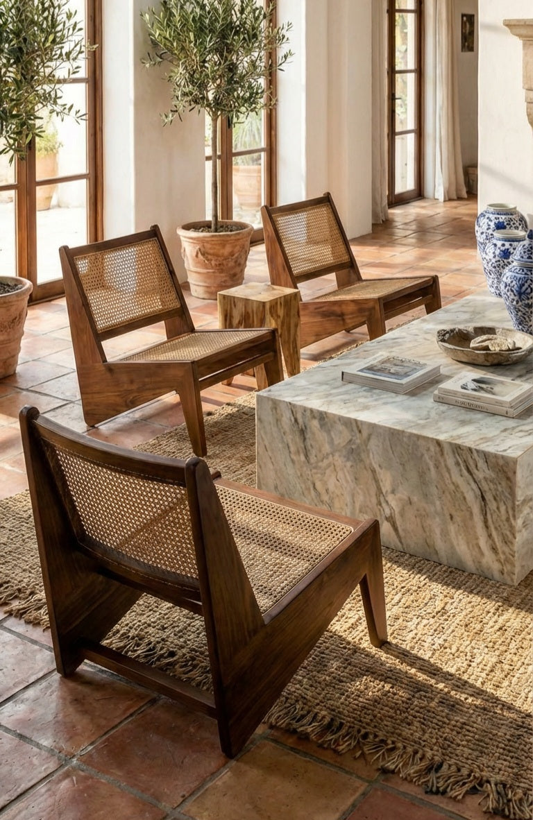 Wooden chairs with woven backrests around a marble coffee table in a sunlit room.