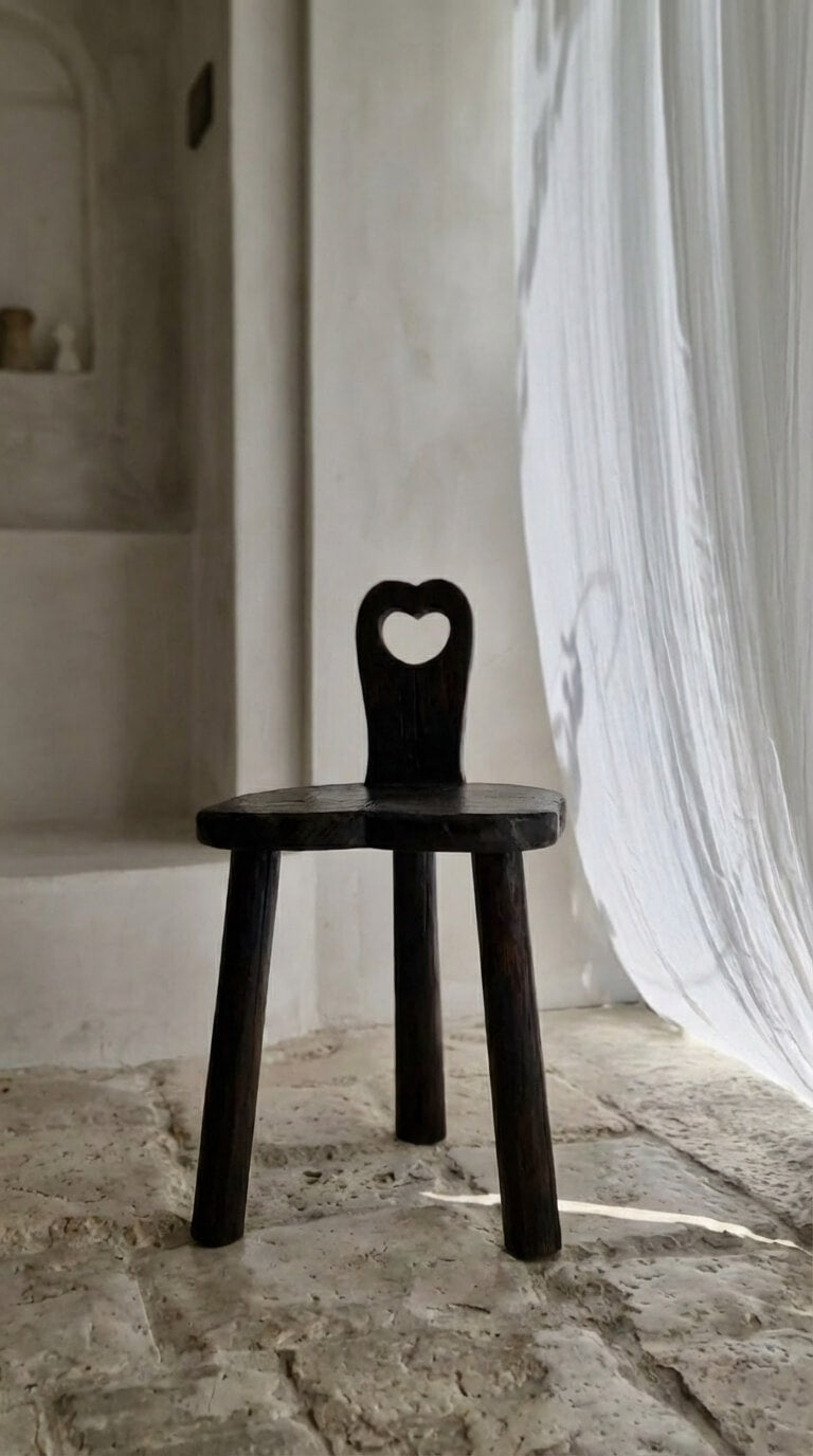 Black wooden chair with heart-shaped backrest in a room with white curtains and stone floor.