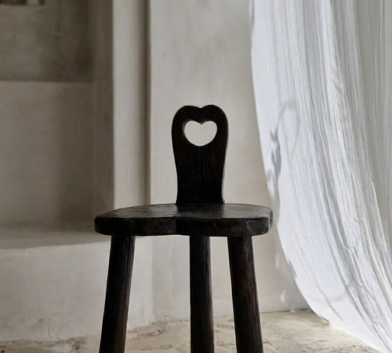 Black wooden chair with heart-shaped backrest in a room with white curtains and stone floor.