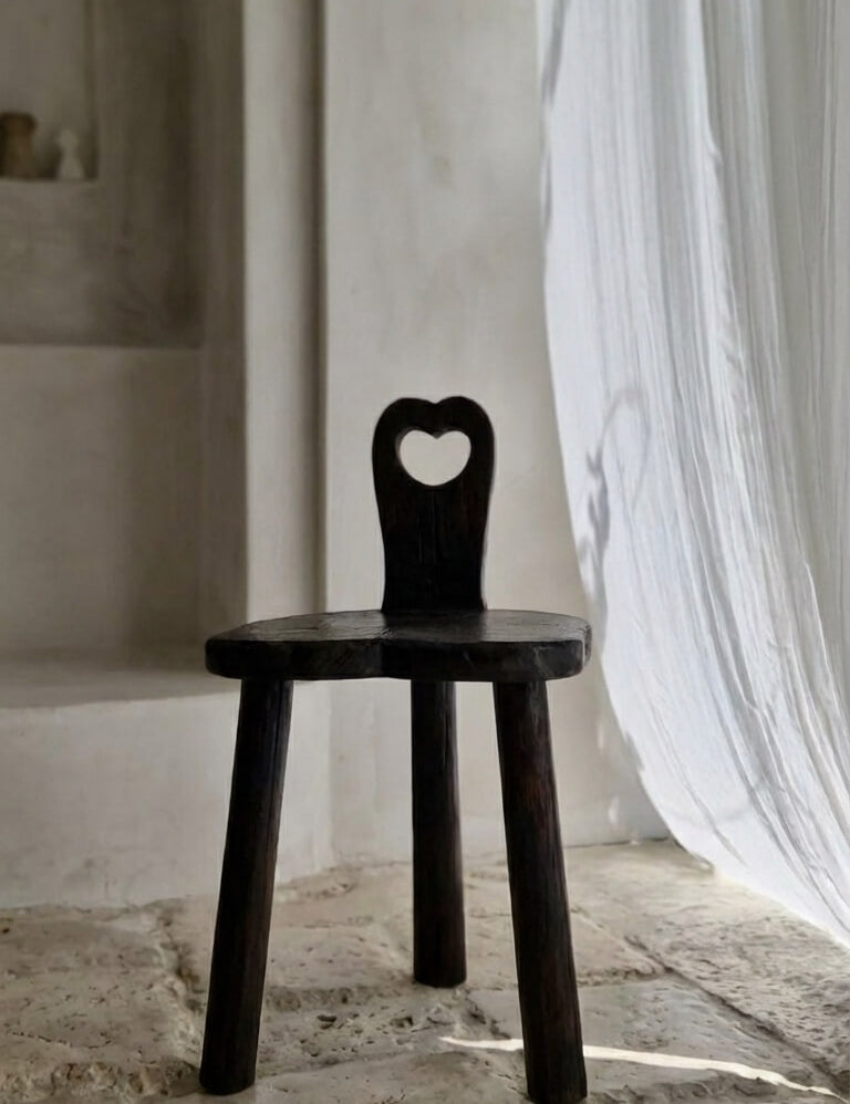 Black wooden chair with heart-shaped backrest in a room with white curtains and stone floor.