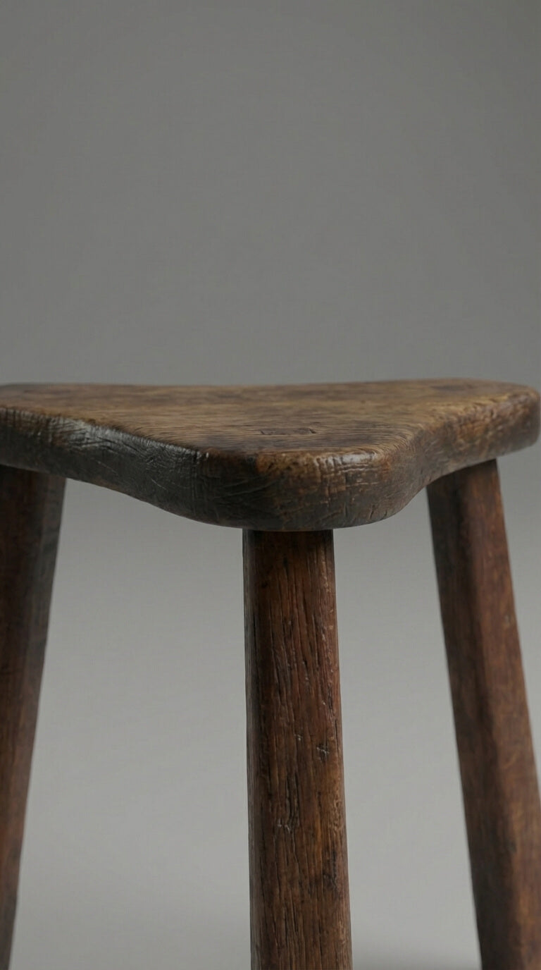 Wooden stool with a worn surface on a plain background