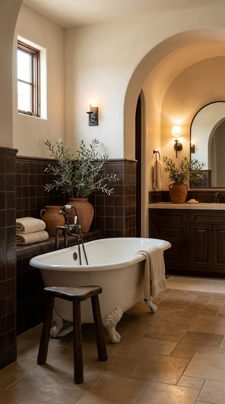 Bathroom with freestanding bathtub, wooden stool, and decorative elements.