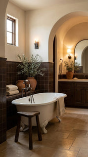 Bathroom with freestanding bathtub, wooden stool, and decorative elements.