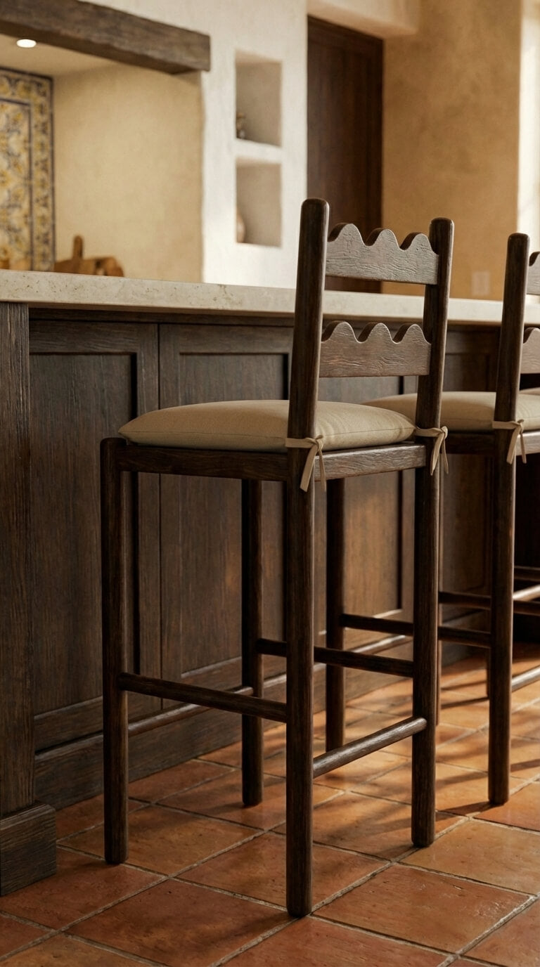 Wooden bar stools with cushioned seats in a rustic kitchen setting.