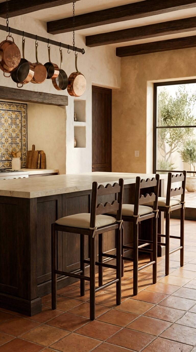 Kitchen with wooden stools at a counter, hanging copper pots, and large windows.