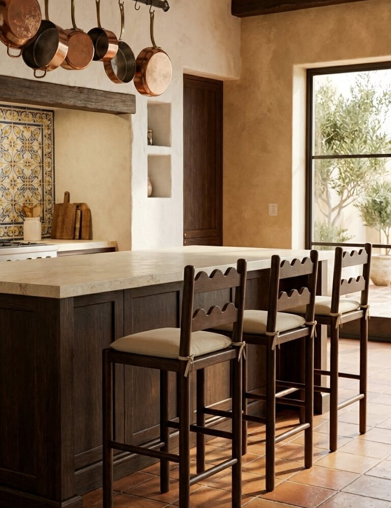 Kitchen with wooden stools at a counter, hanging copper pots, and large windows.