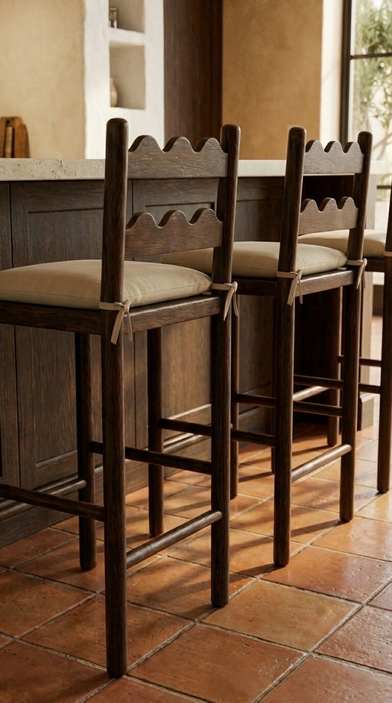 Wooden bar stools with cushioned seats in a rustic setting.
