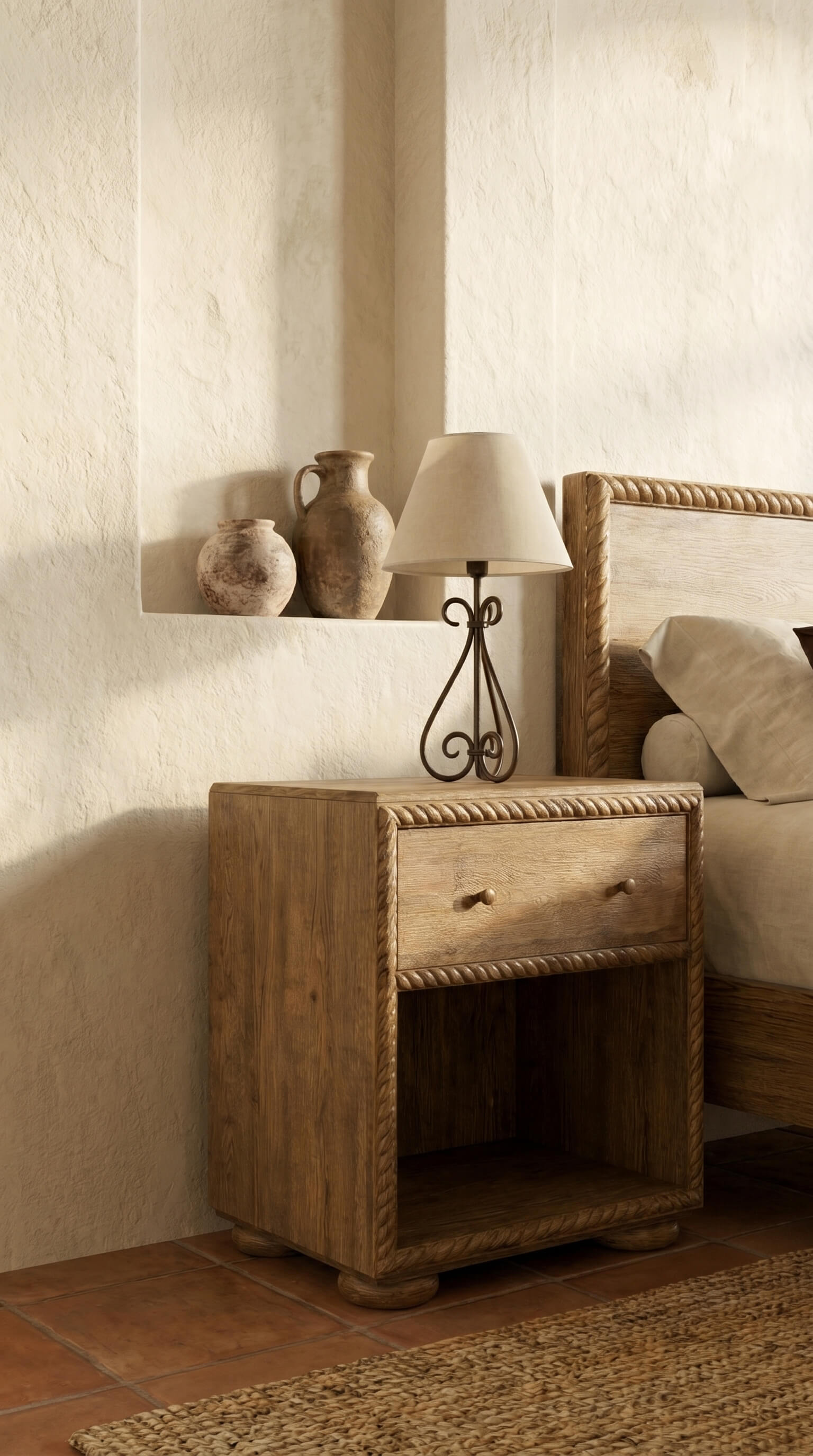 Wooden nightstand with lamp and decorative items in a bedroom setting