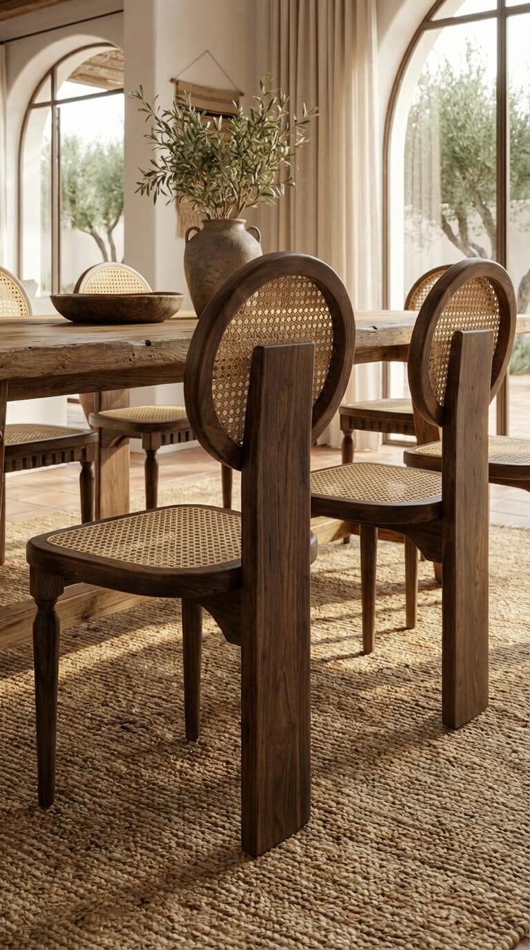 Sculptural teak wood dining chair in modern room
