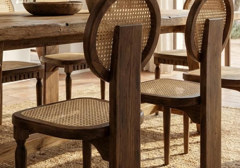 Sculptural teak wood dining chair in modern room
