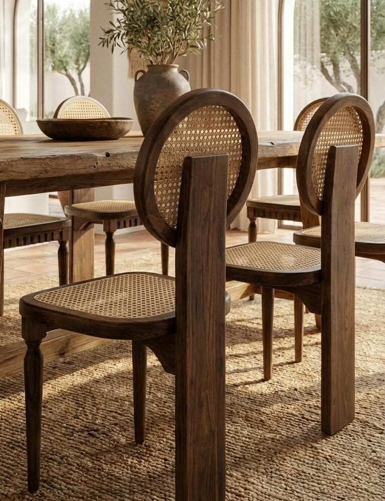 Sculptural teak wood dining chair in modern room
