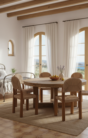 Dining room with wooden table and chairs in a bright room with large windows.