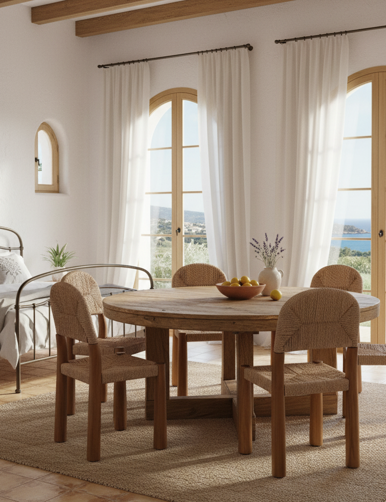 Dining room with wooden table and chairs in a bright room with large windows.