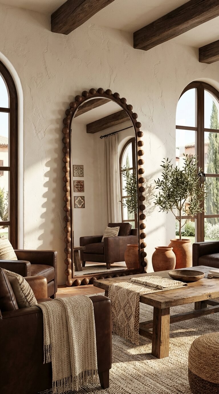Living room with a large decorative mirror, wooden furniture, and plants.