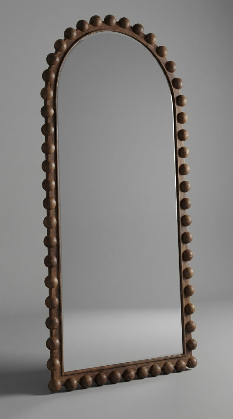 Decorative mirror with a brown, beaded frame 