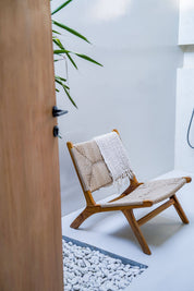 Teak wood lounge chair side profile synthetic rope
