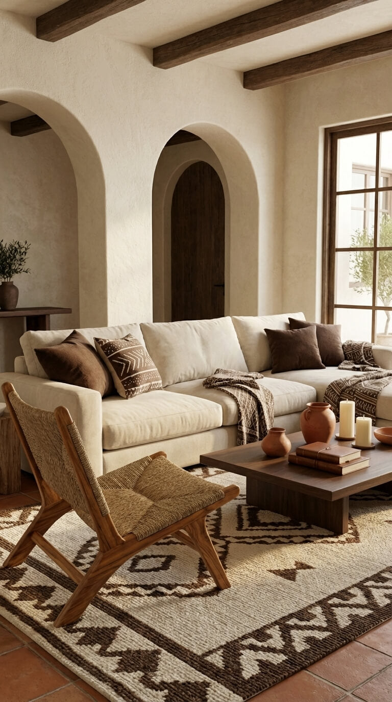 Cozy living room with beige sofa, wooden armchair, and decorative items.