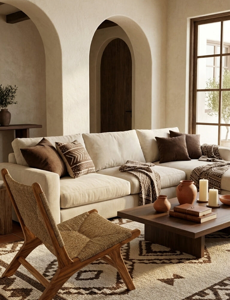 Cozy living room with beige sofa, wooden armchair, and decorative items.