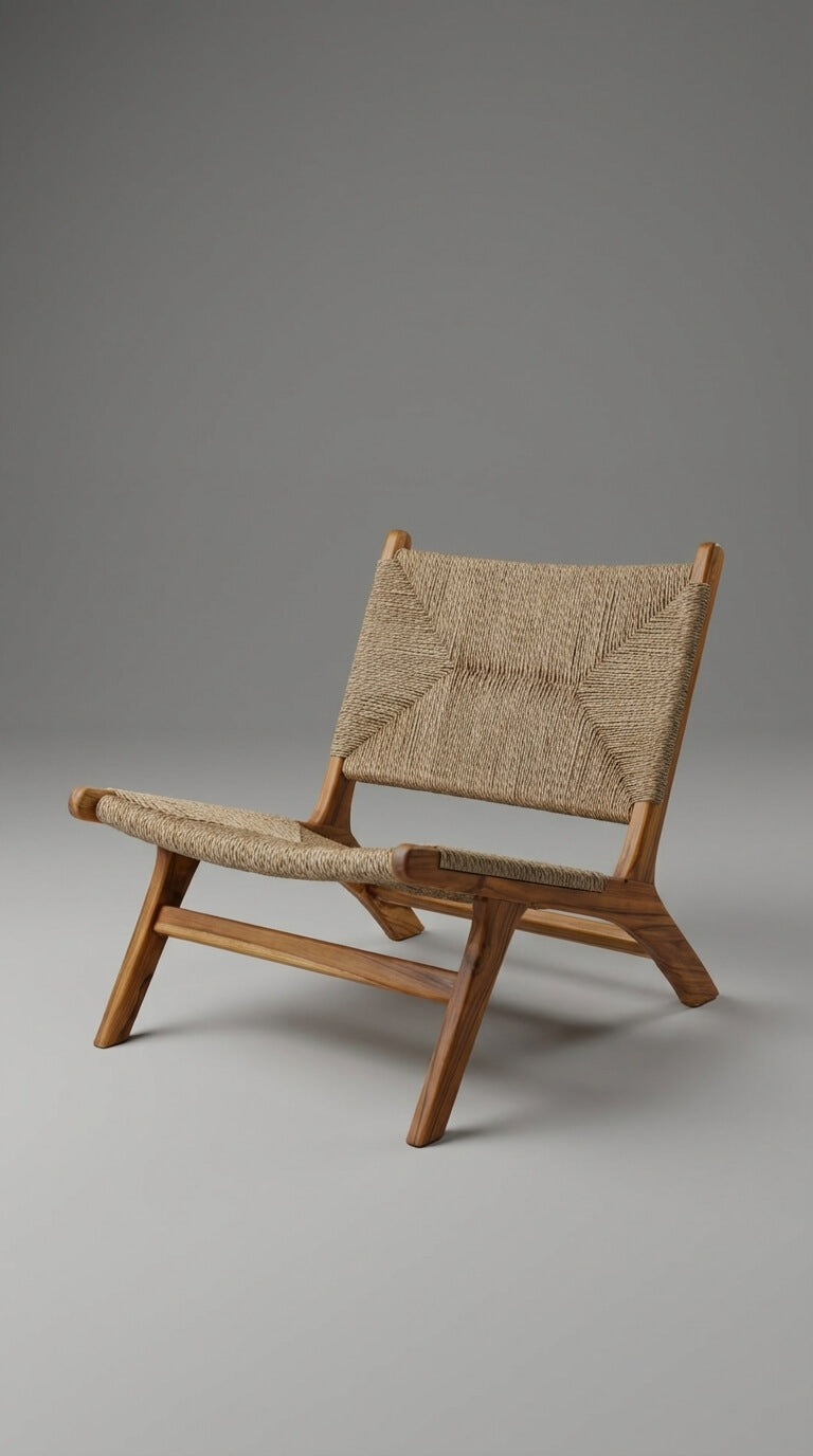 Wooden chair with woven seat and backrest on a gray background